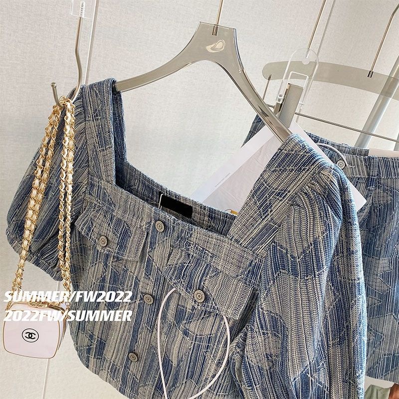 # Sisjuly # Fashion Wanita Gaya Barat Denim Atasan Bang Pendek Biru Setelan Dua Potong Pakaian Wanit