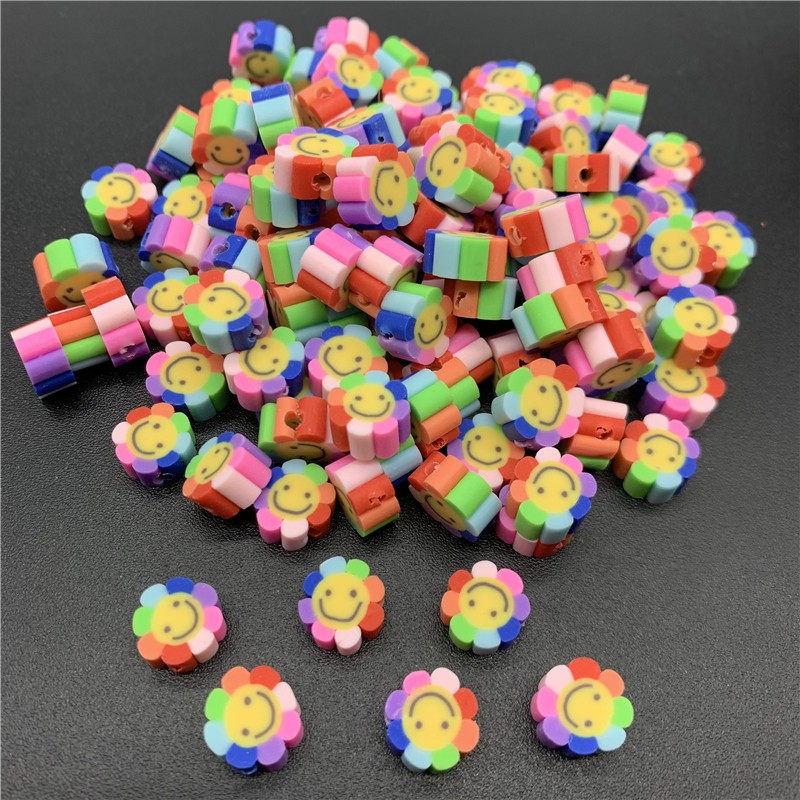 50Pcs / Lot Manik-Manik Spacer Bentuk Bunga Matahari Senyum Bahan Polymer Clay 10mm Untuk Membuat Perhiasan Handmade DIY