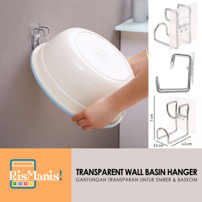 TRANSPARENT WALL BASIN HANGER - Gantungan Ember Tempel Dinding Hook Stainless Bening Pengait Baskom