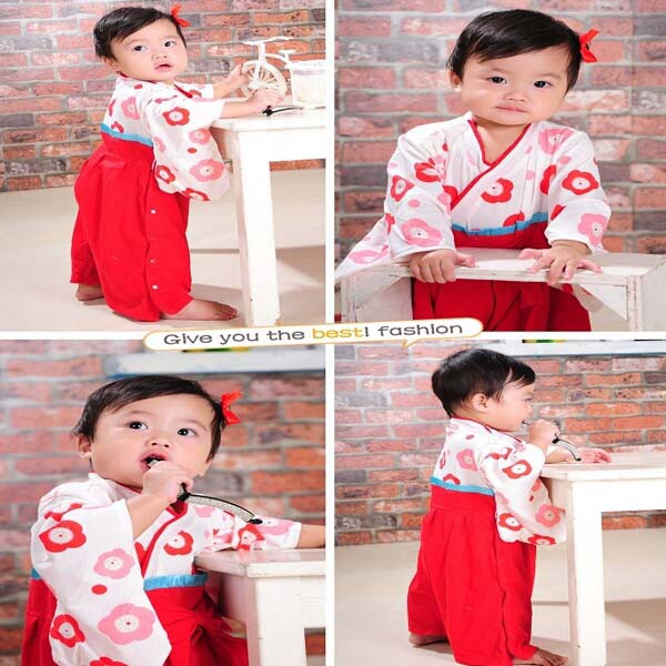 Setelan Kostum Kimono anak 2-7 tahun bunga merah_ Hadiah ulang tahun anak