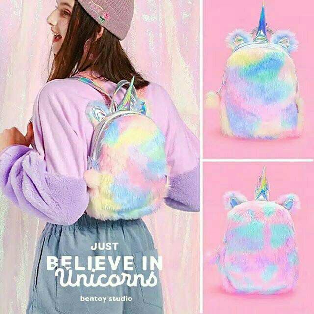 READY STOCK NEW Tas Ransel Wanita UNICORN HOLOGRAM Bulu Lembut Halus Soft Fluffy Imut Lucu Gemoy Omo Omo Kiyowo / Backpack Stylish Bentuk Hewan Kuda Pegasus Korean Style K-POP