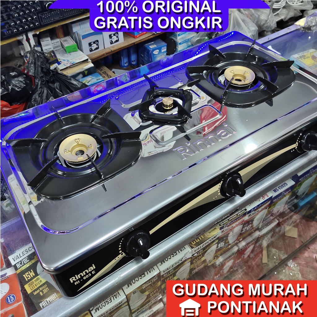 Kompor Gas Rinnai 3 Tungku api lilin Ri 603 E body lepas stainless anti karat badan rangka bisa di lepas