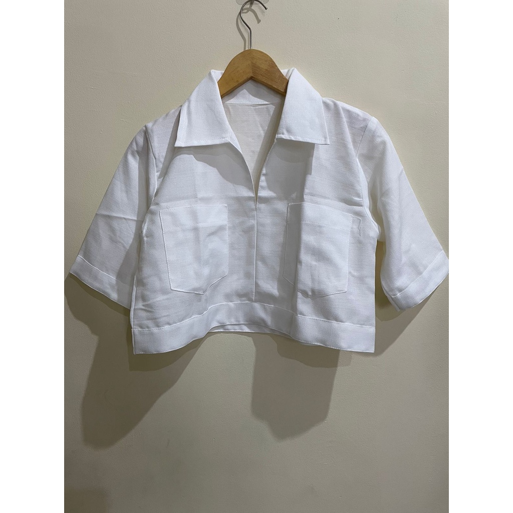 Toply shop  Blouse wanita Crop Linen pocket / Pakaian wanita