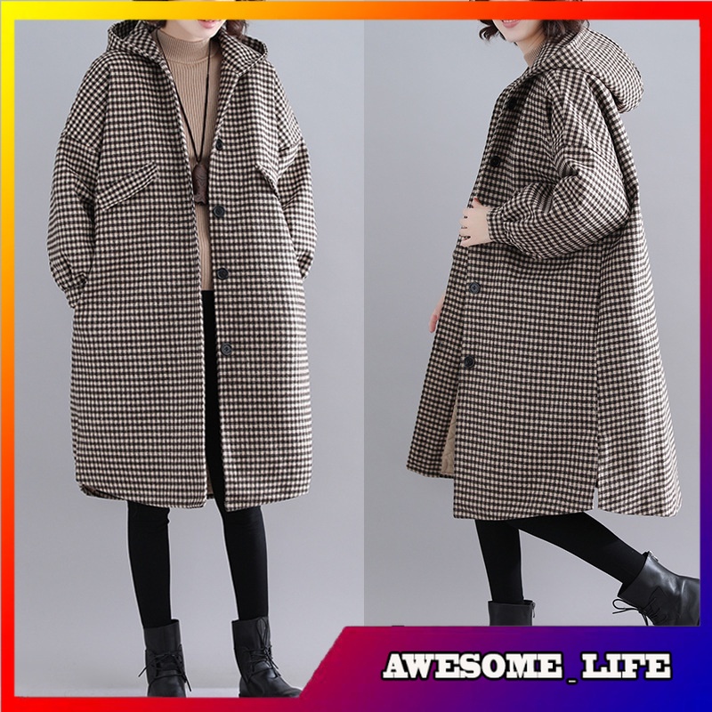 Trench Coat Wanita Autumn and Winter  Artistic Loose plus Size Windbreaker Padded Hooded Cotton  War