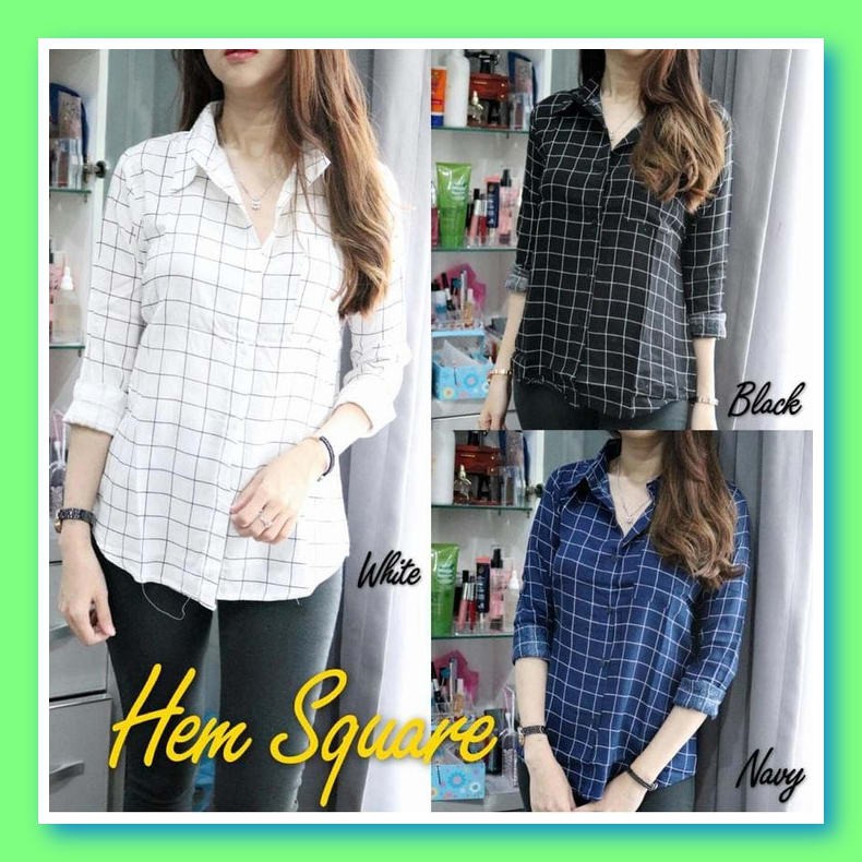 Baju Atasan Kerja Kemeja Wanita Korea Import Ab436514 Merah Putih BO428 [Hem Square Bc]Kemeja Wani