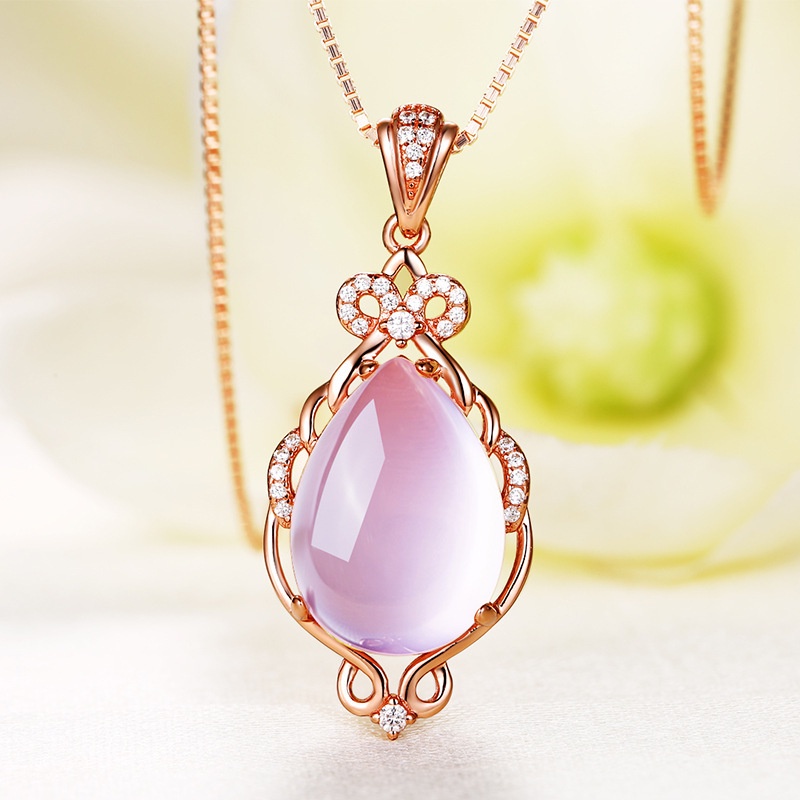 [Ready Stock]Fashion Silver Plated Necklace Inlaid with Rose Quartz Pendant