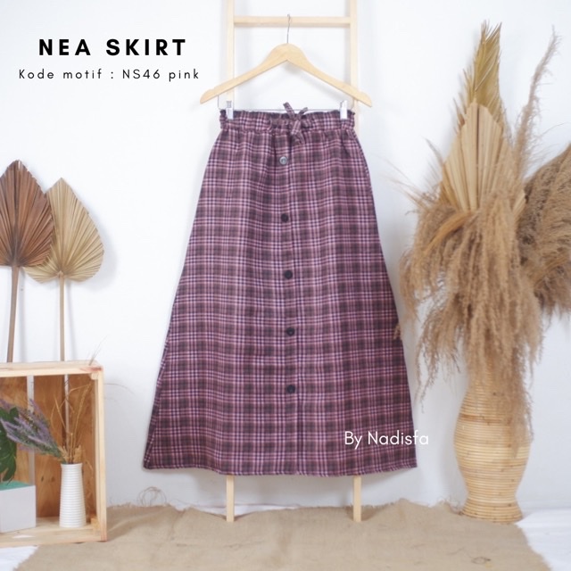 NEA SKIRT ROK BUTTON MOTIF / KOREAN SKIRT / ROK TARTAN-NS 46 pink