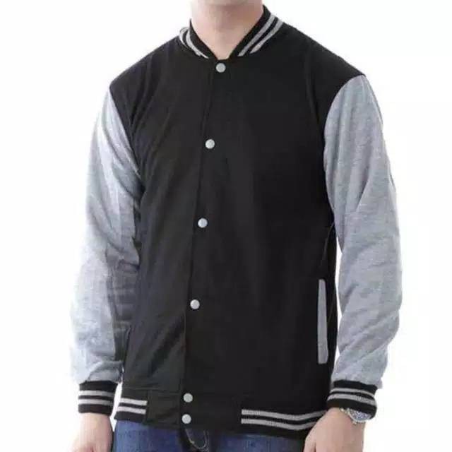 JAKET BASEBALL POLOS HITAM ABU BAHAN TEBAL