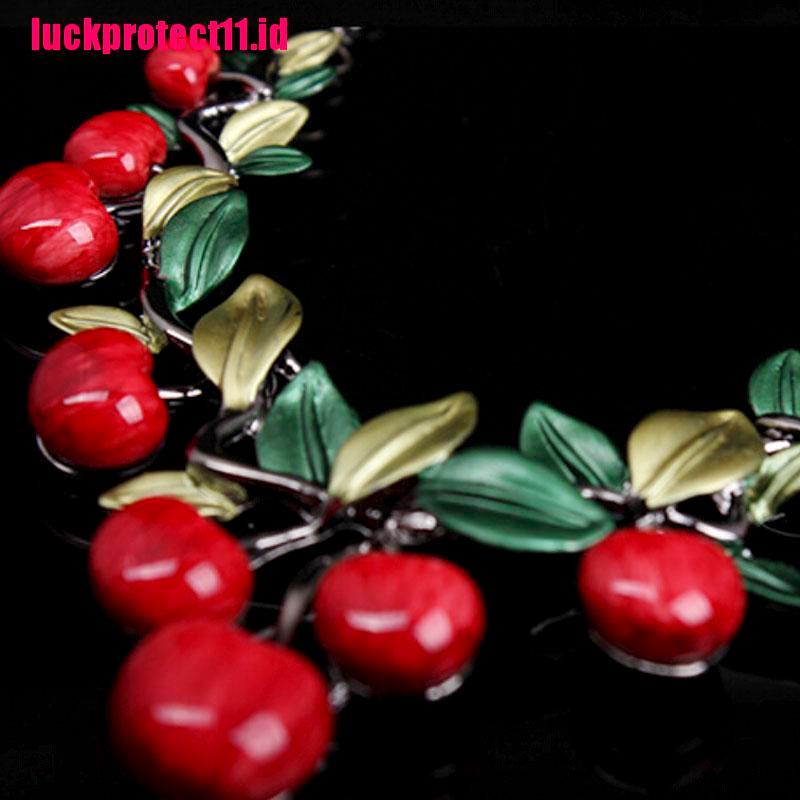 (LUCK) 1 Set Kalung Choker + Anting Tusuk Motif Buah Ceri Merah Untuk Wanita / Pesta Pernikahan