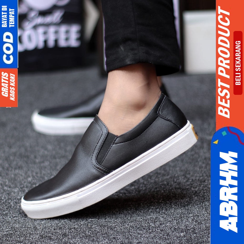 ABRHM- MORI Sepatu Slip On pria Sepatu Casual Pria Sepatu Pria Casual Kulit Asli Cowo/Cowok Ori Sepatu Kasual Sneakers Kets Gaya Santai Keren Kekinian Murah Terlaris