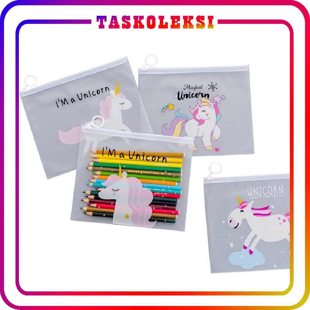 ☛TK☚ R079 Tempat Pensil / Tas Pouch Kosmetik Transparan Pencil Motif Karakter Unicorn Import