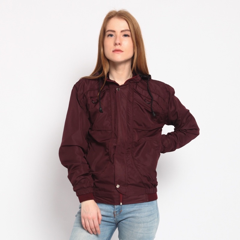 JAKET PARASUT PRINTING WANITA ANTI AIR WATERPROOF free masker OLAHRAGA SEPEDA-Polos maroon