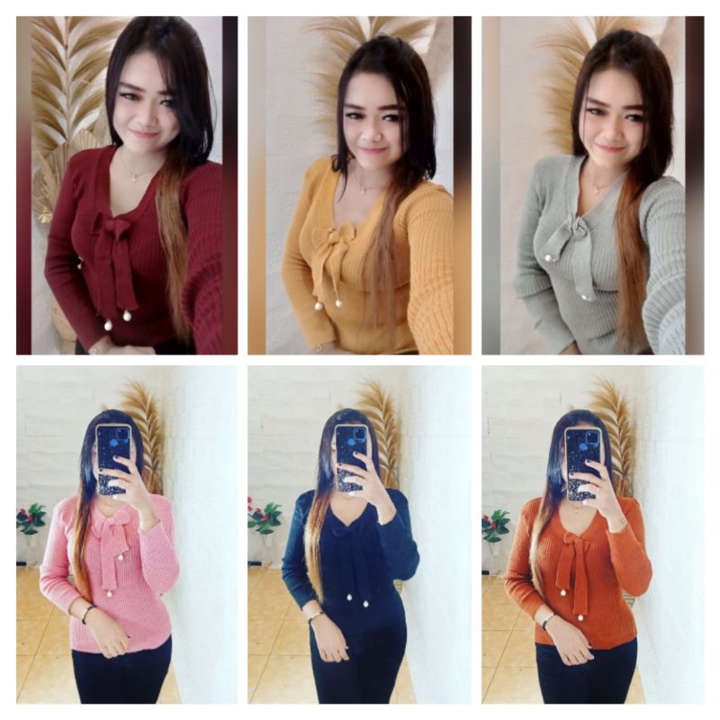 atasan rajut pita/atasan rajut wanita/atasan rajut pita depan/atasan rajut panjang/blouse pita
