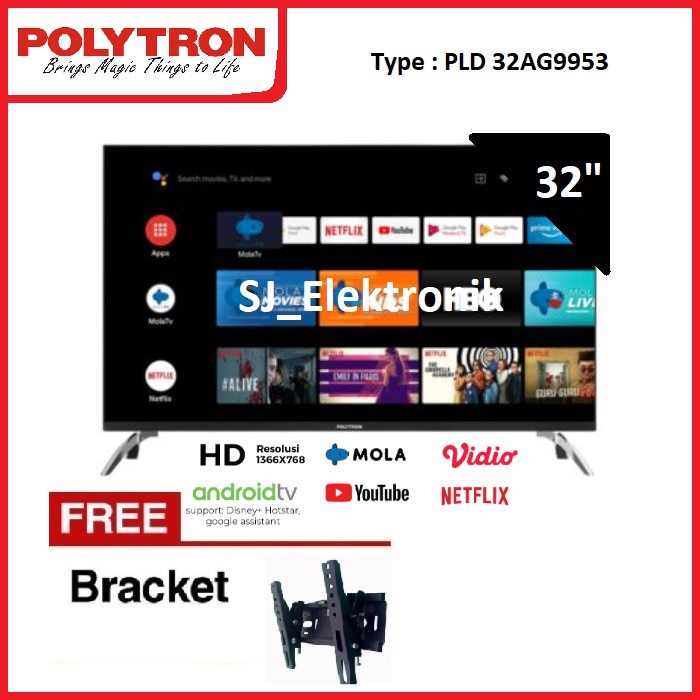 (KHUSUS LUAR KOTA) Free Braket LED TV Polytron 32 Inch PLD 32AG9953 HD Smart AndroidTV