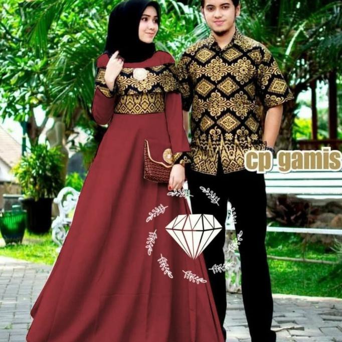 Promo Akhir Tahun GAMIS COUPLE YASMIN BATIK SETELAN GAMIS BATIK BAJU GAMIS PASANGAN BATI - Maroon