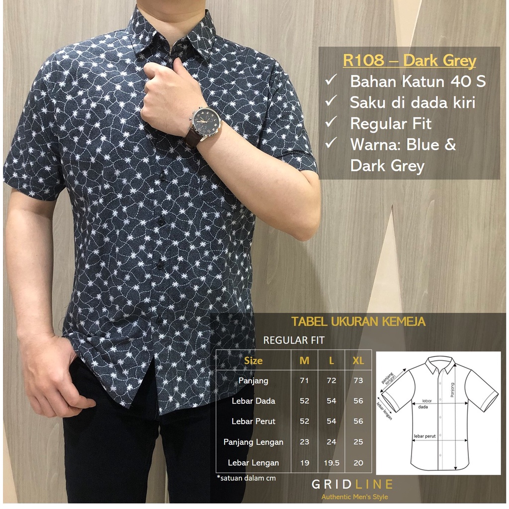 [GRIDLINE - R108 Blue &amp; Dark Grey] Kemeja Print Pria Katun Lengan Pendek Regular Print