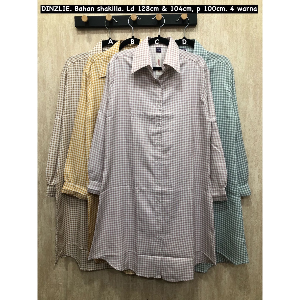 DINZLIE KEMEJA PANJANG TUNIK DRESS WANITA BAHAN SHAKILLA MOTIF KOTAK KOTAK2 UKURAN JUMBO BIGSIZE XL 
