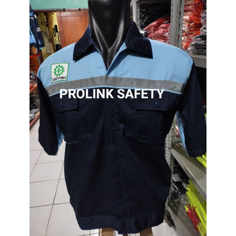 LENGAN PENDEK BAJU SERAGAM SAFETY RESLETING DONGKER BIRU MUDA BERLOGO K3 BENDERA