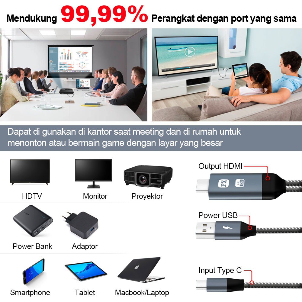 Type C USB Smartphone ke TV HDMI Kabel Converter PX MHA-200C 2 Meter HDMI Converter To Type C