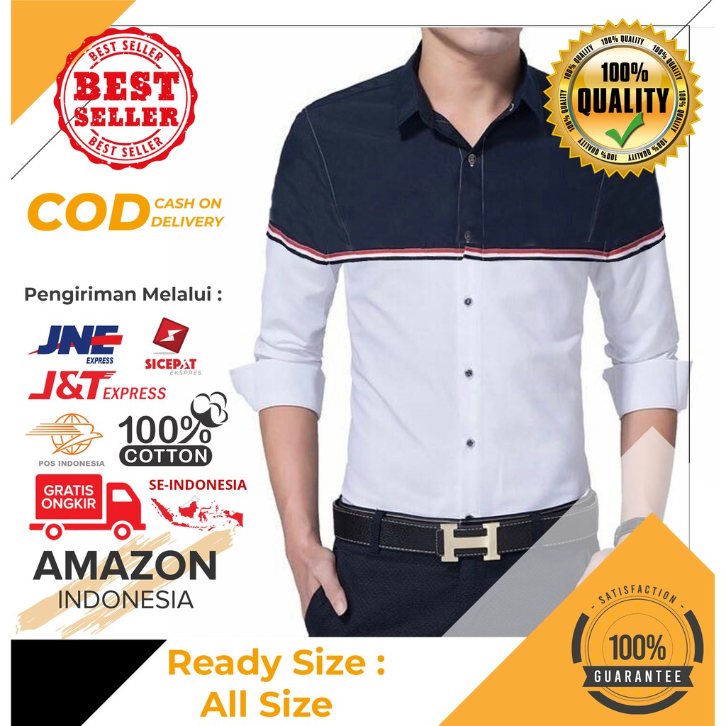 BAJU PRIA KEMEJA CASUAL COWOK WARNA NAVY KOMBINASI BAHAN KATUN STRETCH KUALITAS BAGUS IMPORT MURAH