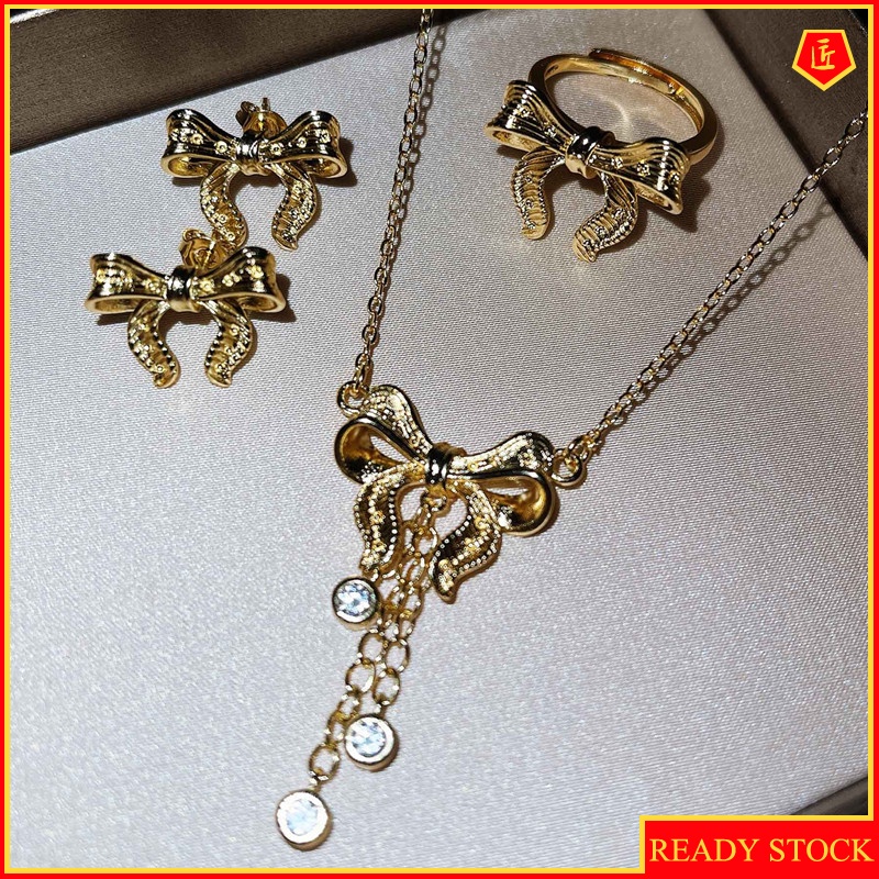 [Ready Stock]Fairy Design Bow Tassel Necklace 18K Gold Open Rings Ear Studs