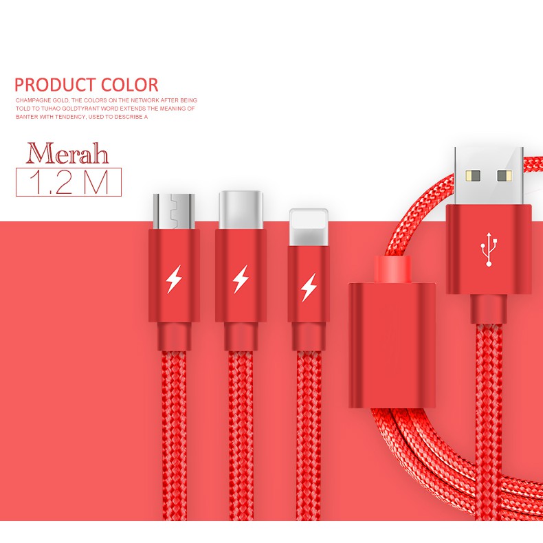Kabel data / Cable USB 3 in 1 MICRO TYPE C LIGHTNING IPHONE ANDROID 1.2M (pack plastik)