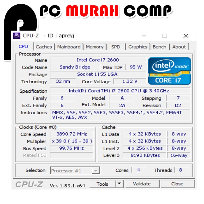 Processor Intel Core i7 2600 3.40 GHz Socket 1155