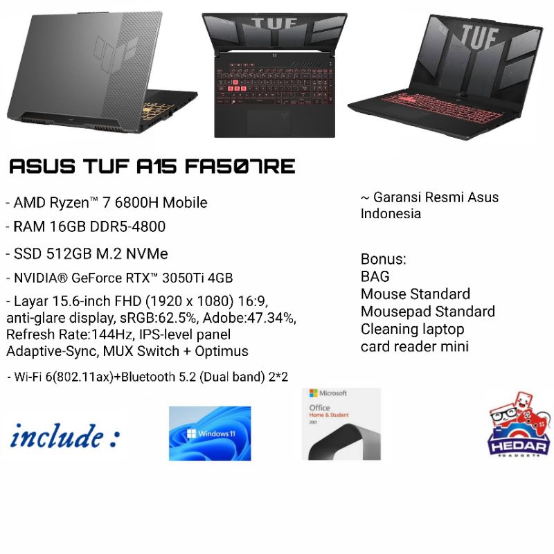 ASuS TUF A15 FA507RE Ryzen 7 6800H 16 512GB RTX3050Ti W11 OHS 15 FHD 144Hz