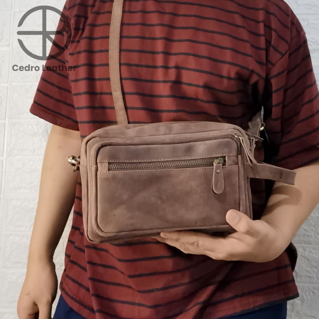 Handbag kulit asli selempang crazy horse banyak resleting HBCH03