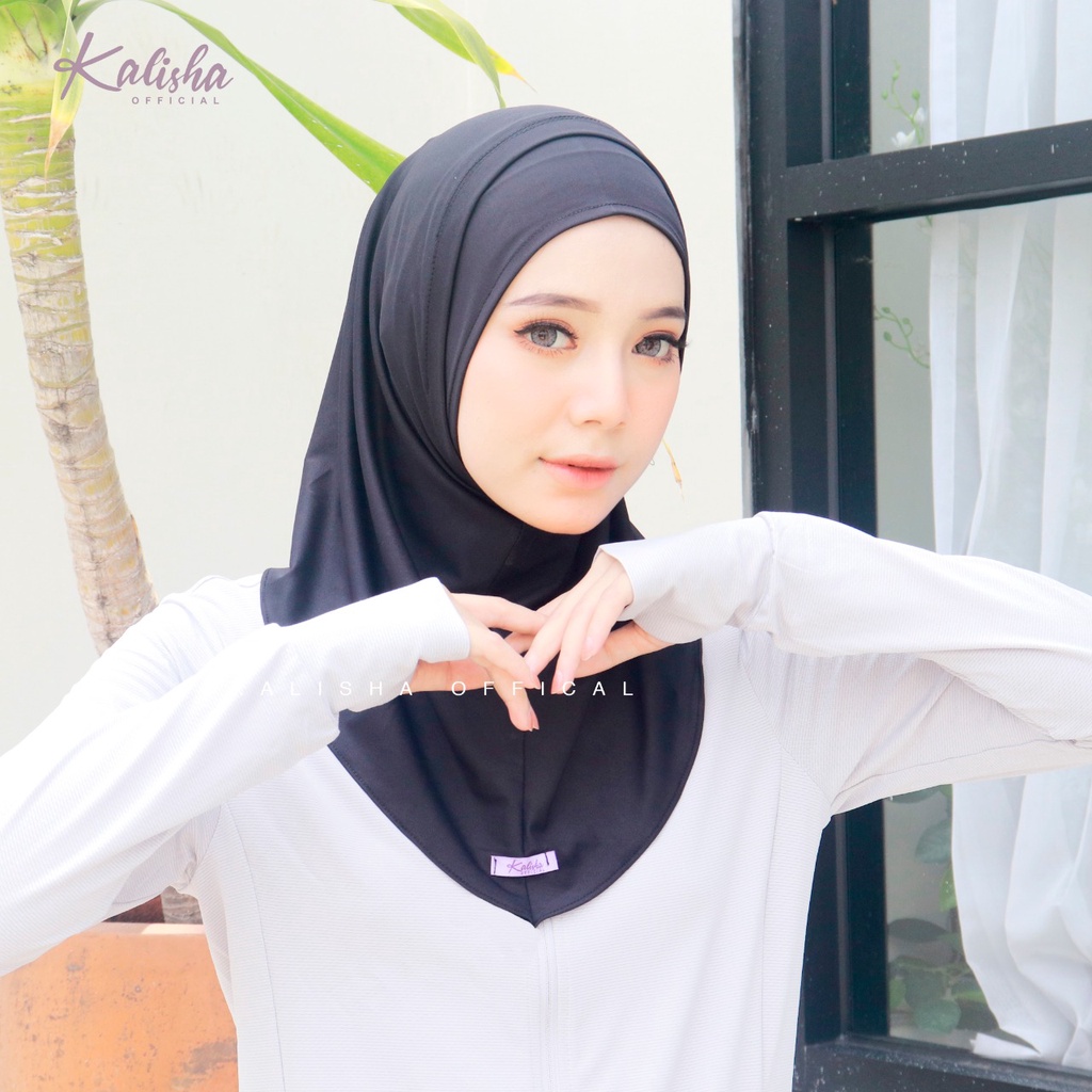 HIJAB MASKER HEADSET SPORTY HELMA / ACTIVE HIJAB EARPHONE MASK / HIJAB NEW NORMAL / HIJAB KHIMAR INSTAN BERGO MASKER EARPHONE BY KALISHA OFFICIAL-BLACK