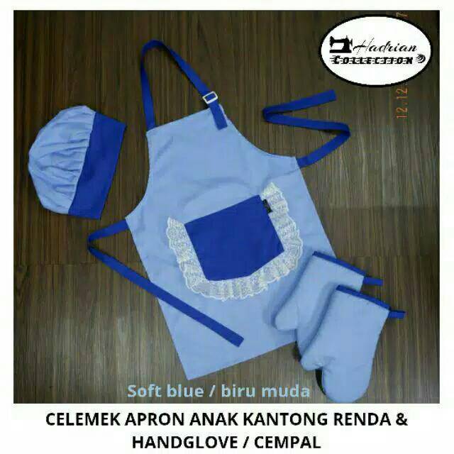 Celemek apron anak renda,Topi koki anak dan hand glove / cempal / sarung tangan anti panas