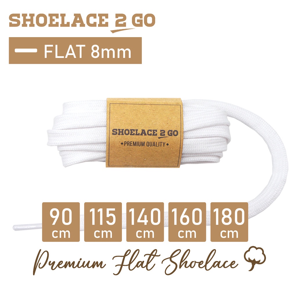 SHOELACE 2 GO PREMIUM TALI SEPATU GEPENG PIPIH FLAT - SF8 - A1 - WHITE - 8MM