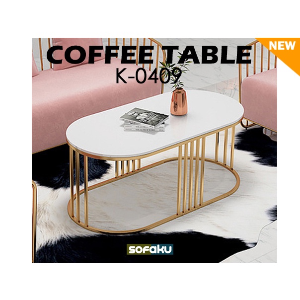 COFFEE Table K-0409 - Laris Meja Tamu Oval Coffee Bulat Marmer Gold Meja Etalase Toko - Meja Toko Ma