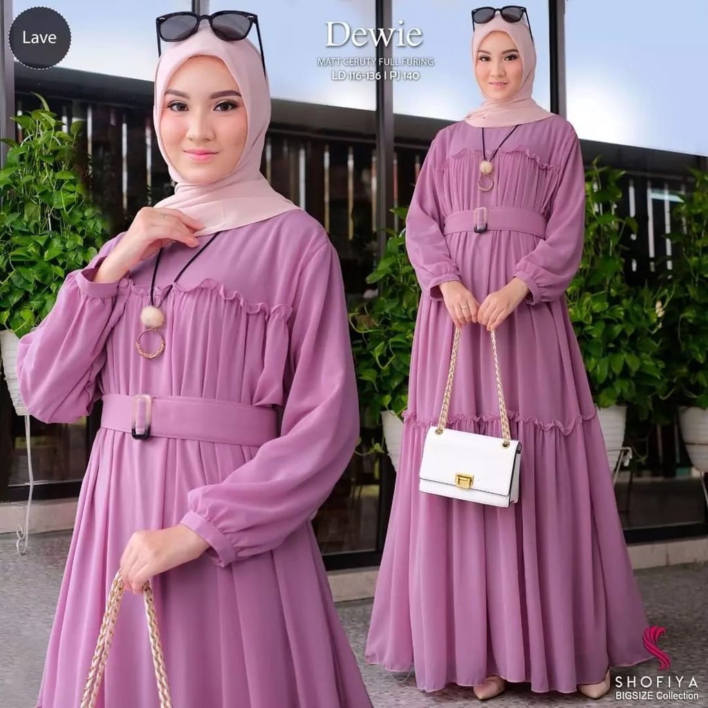 Dewie Dress Gamis Ceruty Babydoll Full Furing Baju Kondangan Wanita Gaun Pesta Muslimah Gamis Jumbo Baju Wanita Kekinian