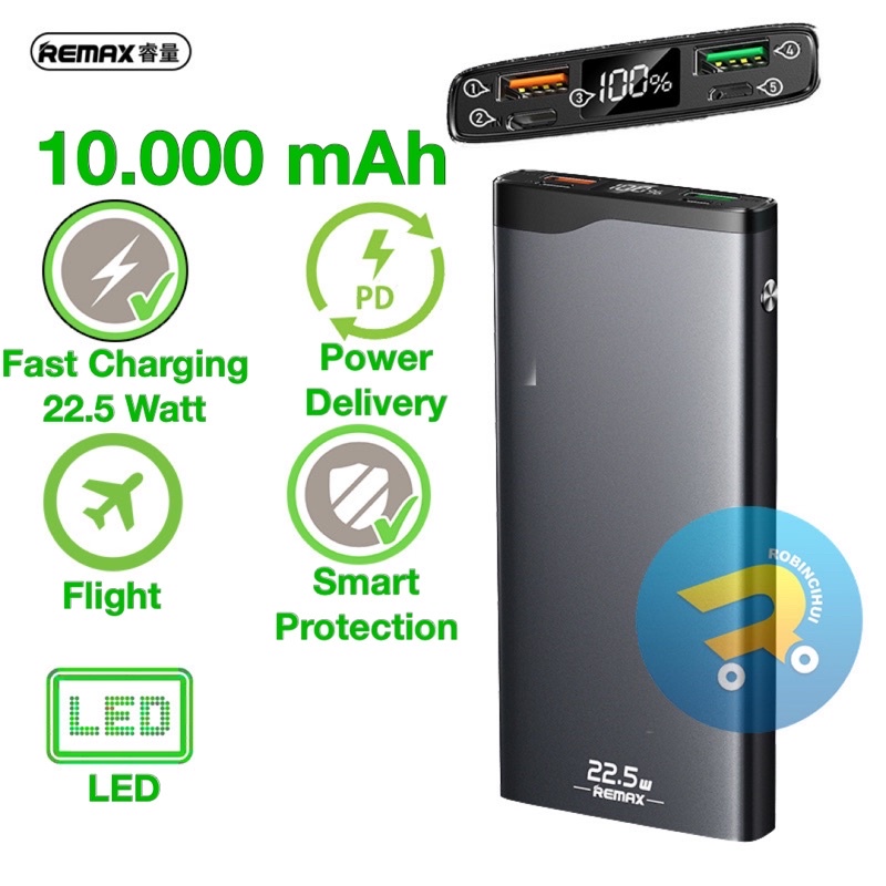 Powerbank Remax 10.000mAh LED 22,5 Watt Fast Charging Dual input TypeC &amp; Micro Triple Output RPP-201