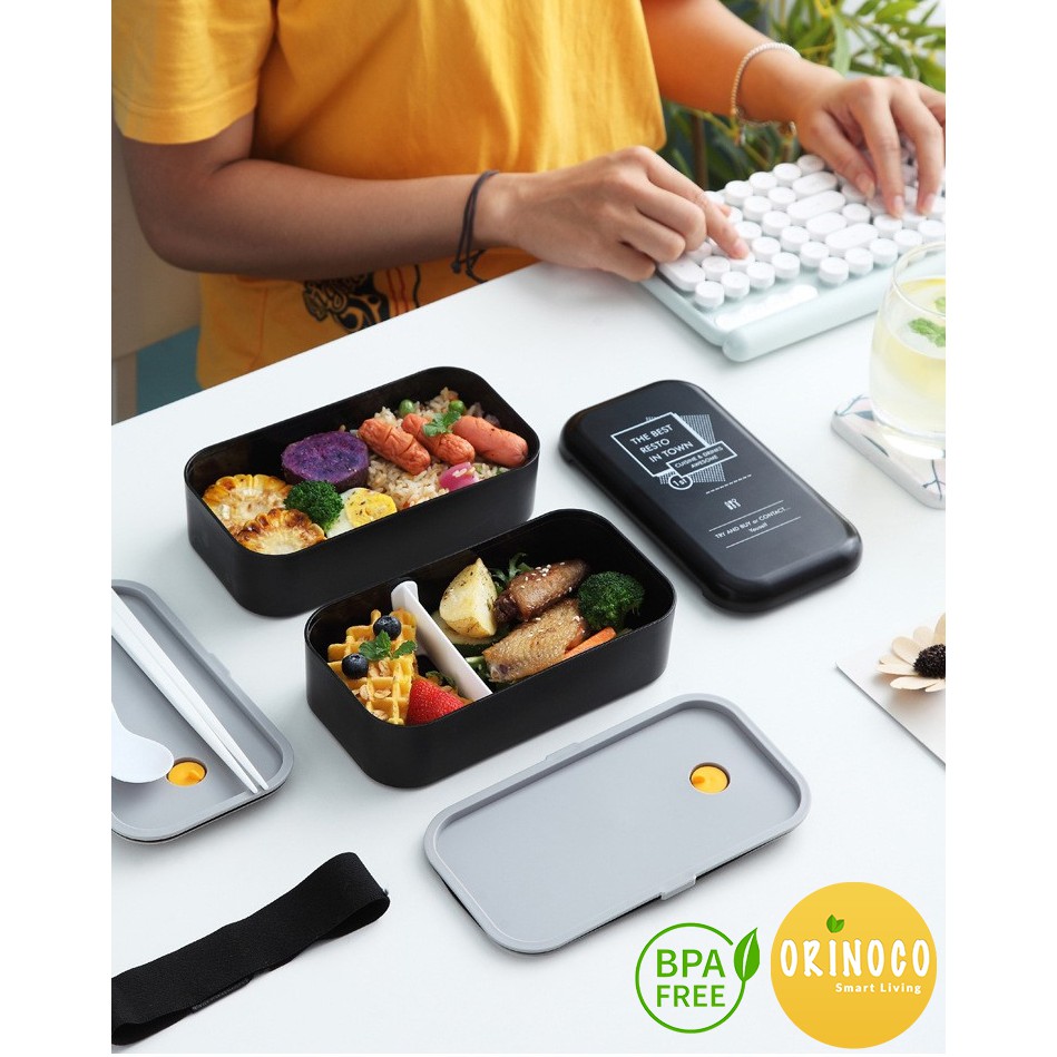 Tempat Makan Orinoco Bento Box 2 Susun Free Sendok Sumpit / Kotak Makan Ukuran Besar 1000 ML New Des