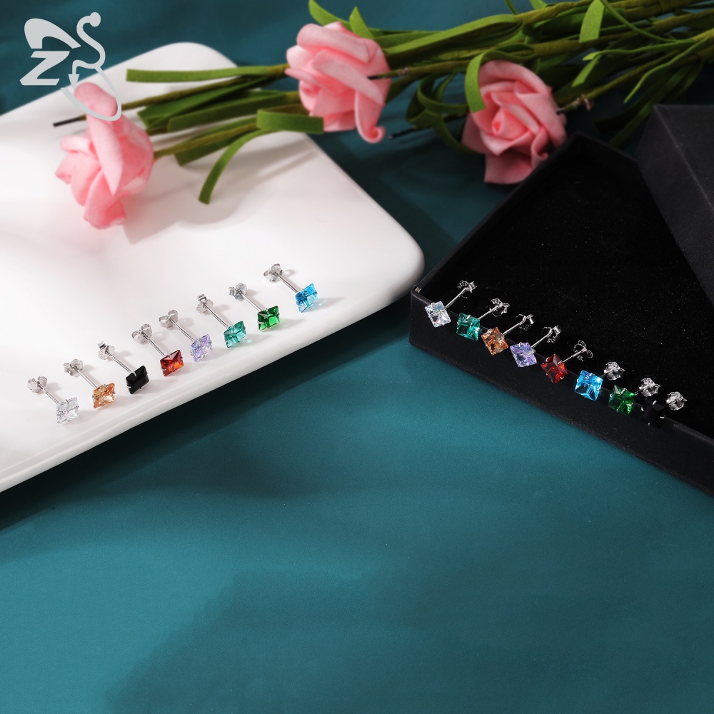 Anting Stud Kristal Helix Cartilage Bahan 925 Sterling Silver 8 Warna Biru Danau Ungu