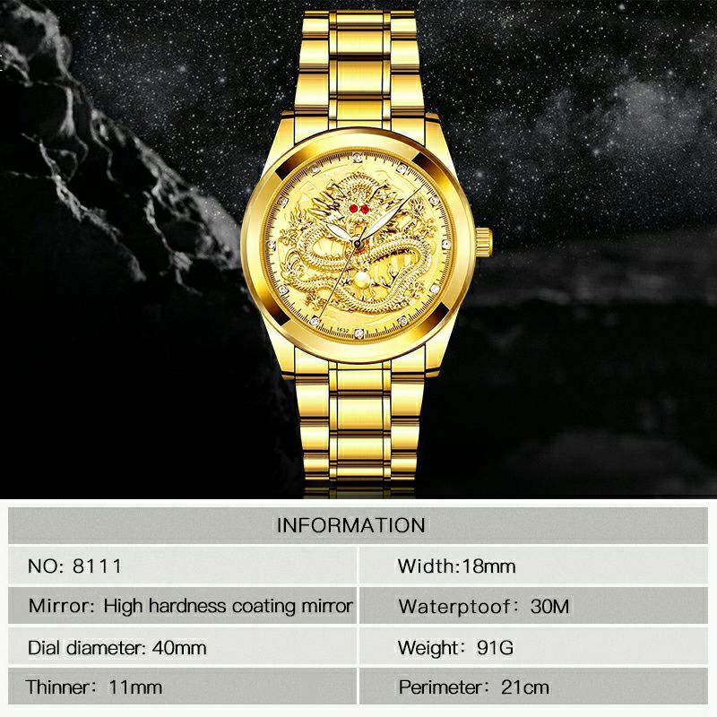 (COD) Jam Tangan Naga Pria Original Finite 100% Anti Air 3 ATM Stainless Steel Milenial Quartz Men Watch Motif Dragon 3D Gold Mewah [100% Original+30m Waterproof]