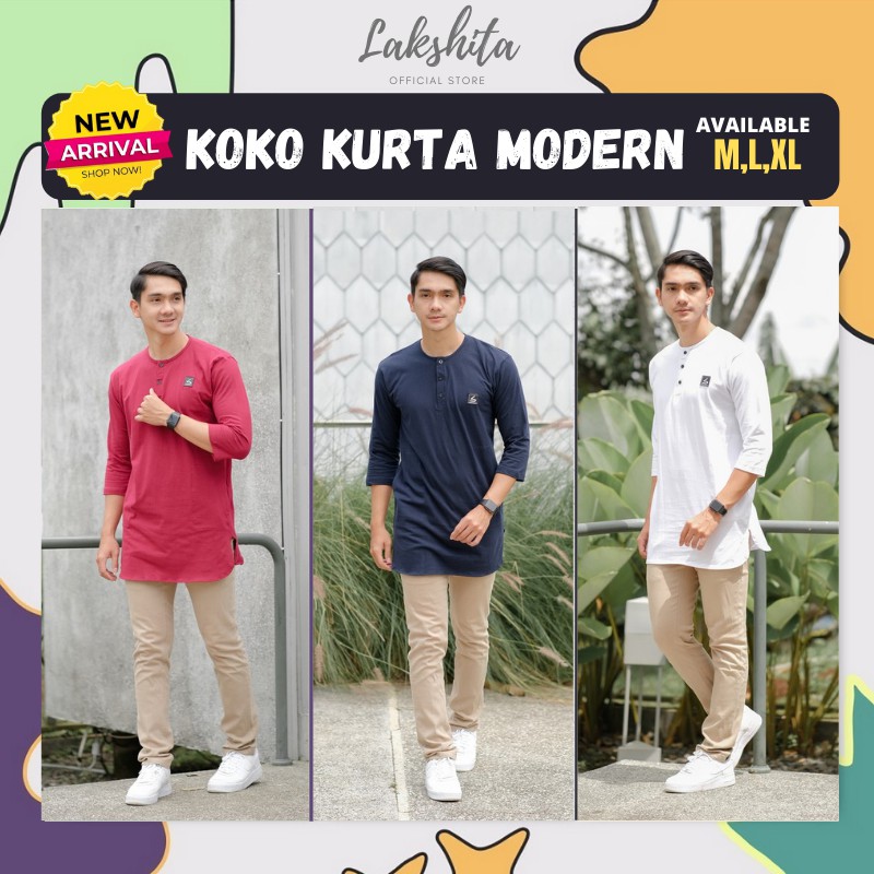 Baju Koko Kurta Pria Dewasa Lengan 3/4 Terbaru 2024 Bahan Katun Premium Warna Biru Navy Merah Maroon