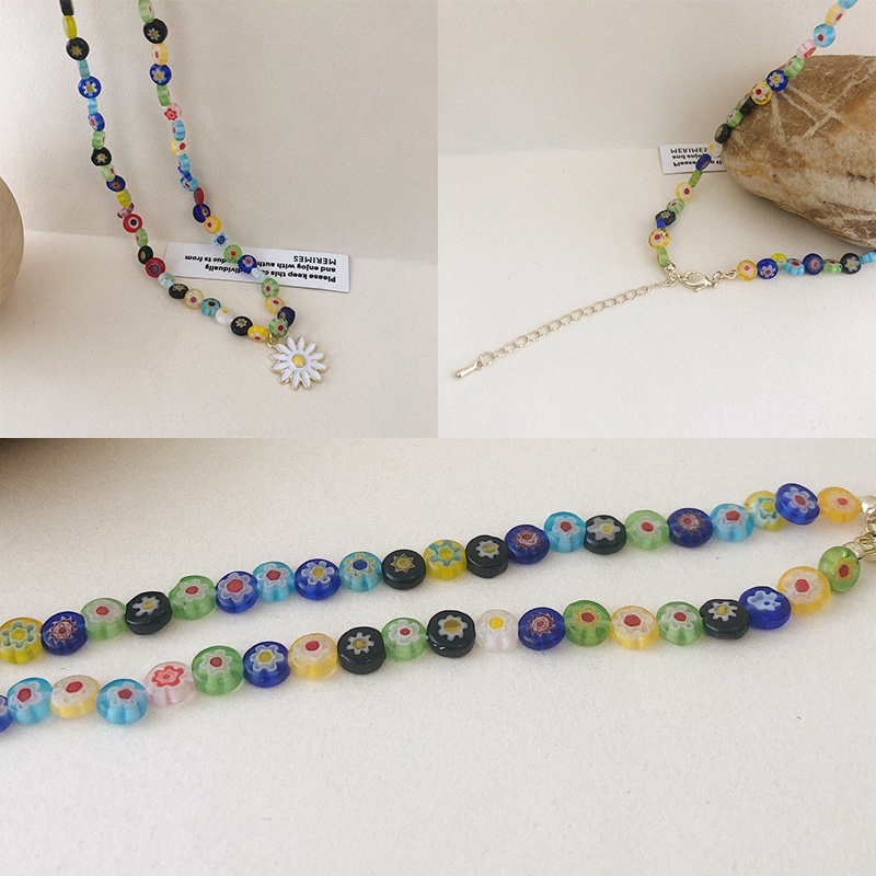 Colored Glass Daisy Beads Pearl Necklace Flower Pendant Necklace Clavicle Chain