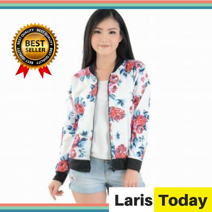 Jaket Bomber Wanita Zipper Floral Bunga Cewek