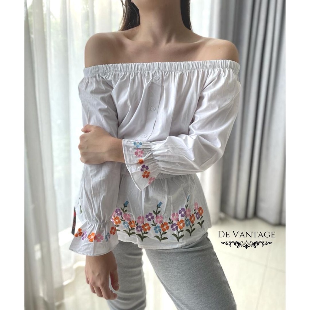 Blouse Katun Sabrina / Blouse Bunga Peplum / Off Shoulder Floral Blouse