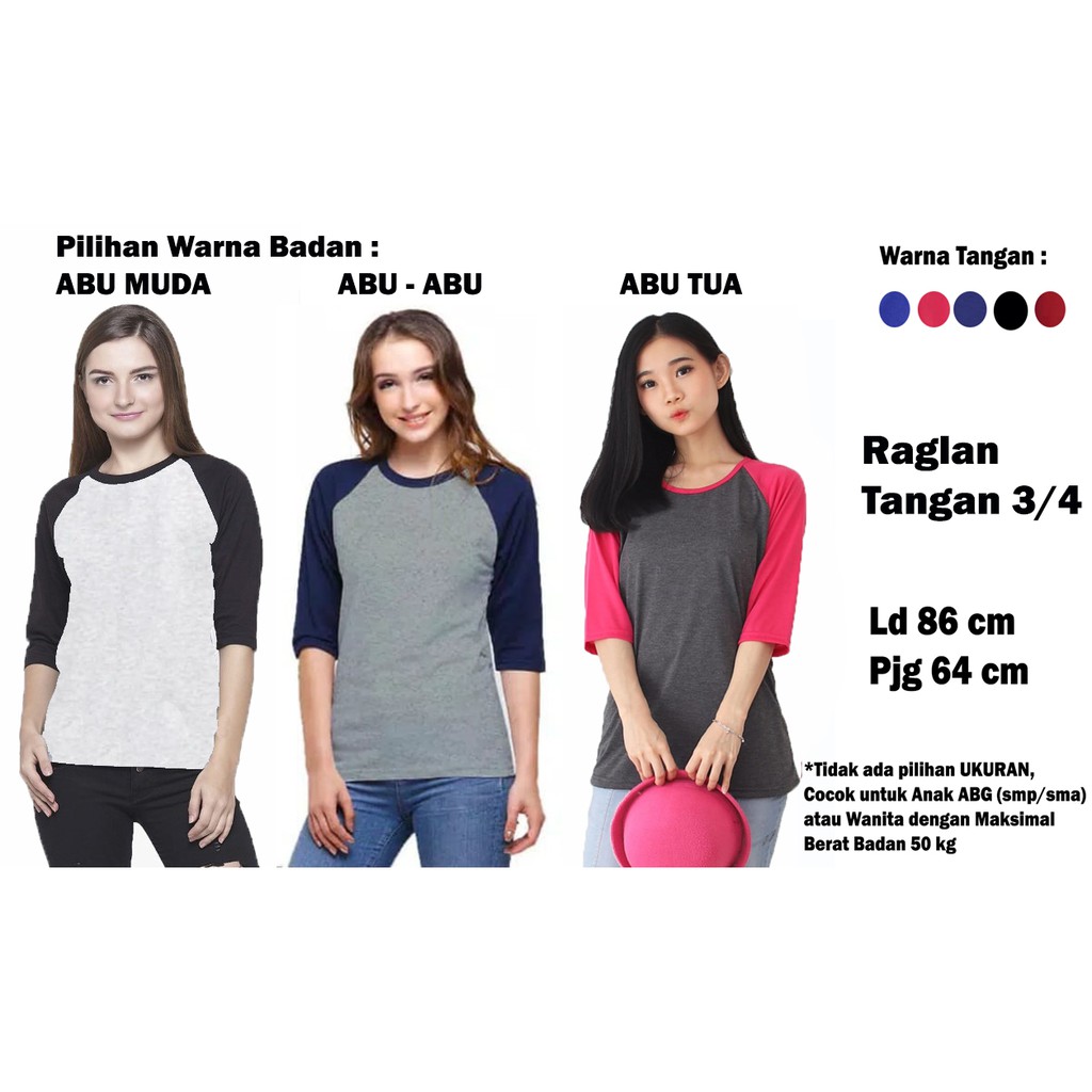 Kaos Raglan Wanita Lengan 3/4 Khusus Ukuran M