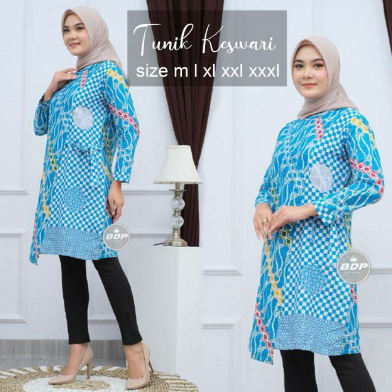 DRESS BATIK TUNIK KESWARI BIRU MUDA FORMAL KERJA KANTOR MURAH LENGAN PANJANG KONDANGAN