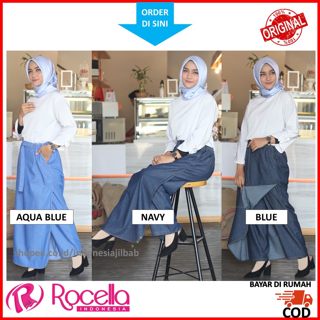 Rocella Rok Celana New Denia Denim Jeans Warna Navy Aqua Blue Untuk Muslimah Syari 2 In 1 Shopee Indonesia