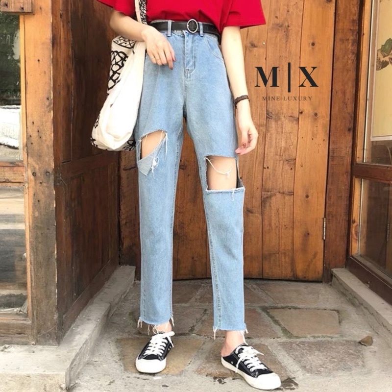 RIPPED JEANS IMPORT HIGHWAIST CELANA PANTS DENIM HW WANITA CEWEK BAGGY UNFINISH MX801