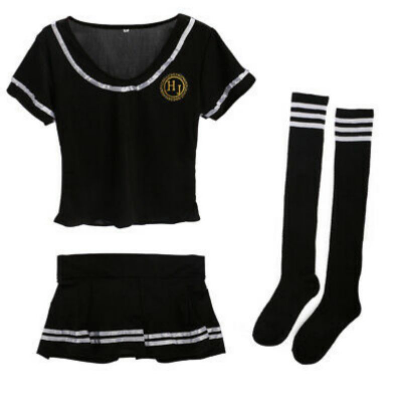 Set Lingerie Cosplay Cheerleader Sekolah Jepang Sexy Rok Mini +Kaus kaki