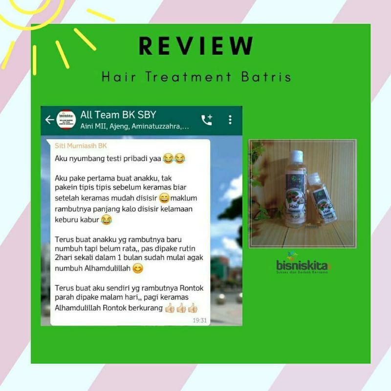 HAIR TREATMENT BATRISYIA/ MINYAK PENEBAL PENGHITAM RAMBUT/ MENGATASI UBAN KETOMBE RAMBUT RONTOK