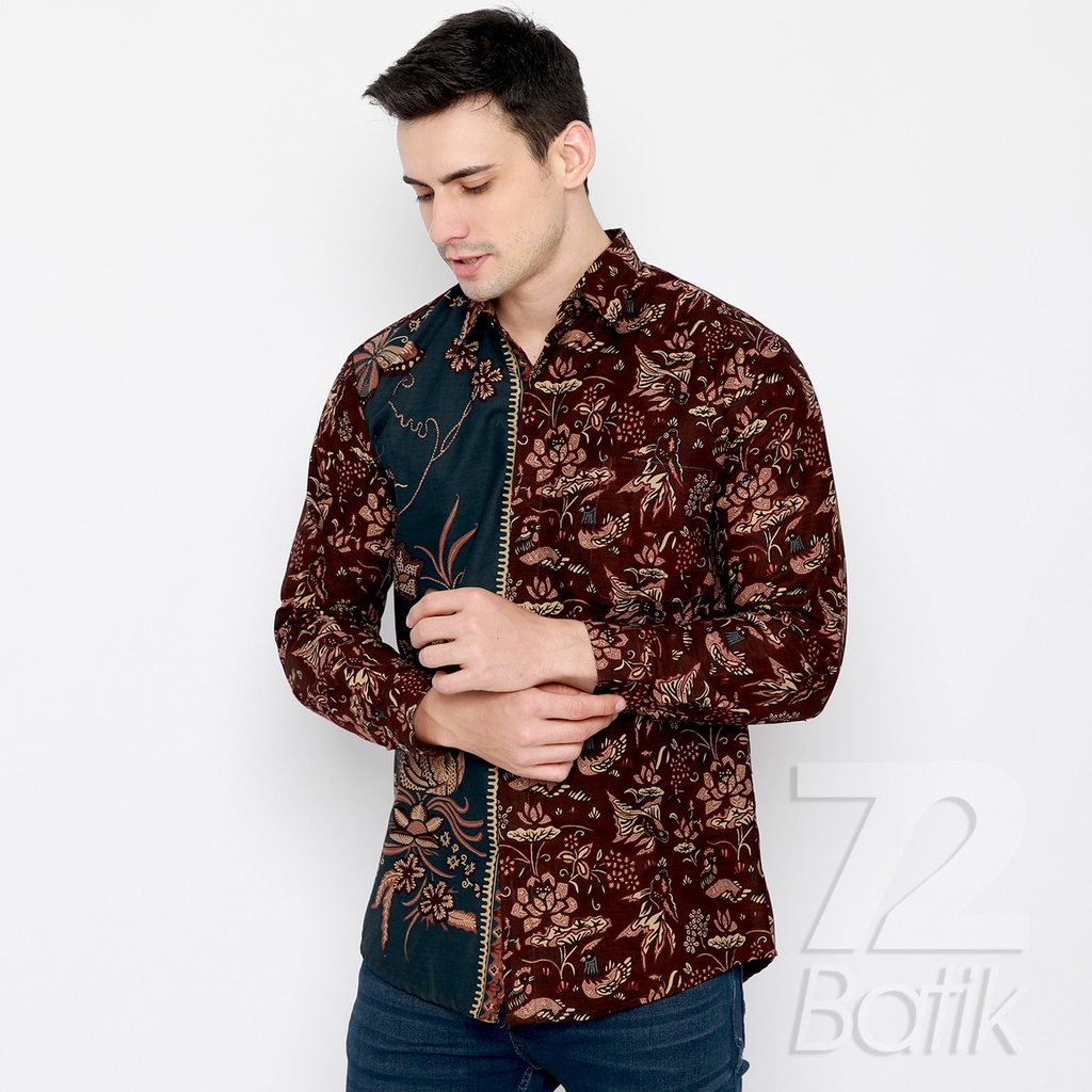 KEMEJA BATIK PRIA Slimfit Lengan Panjang Premium Two Tone Siang Sore Coklat Chokelat 721398 Cap 72 - Baju Kemeja Atasan Pakaian Setelan Batik Pria Cowok Laki Laki Remaja Keluarga Kantor Lengan Panjang Modern Slimfit Slim Fit Premium Kekinian