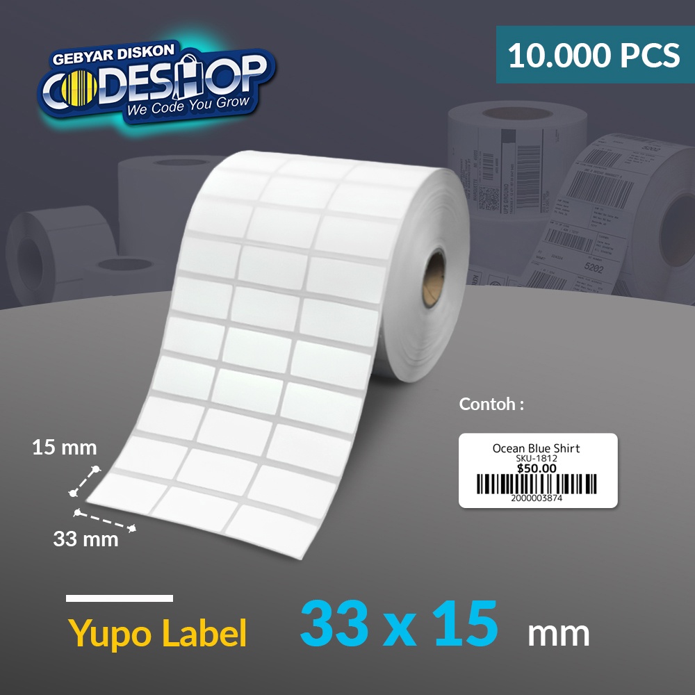 

Codeshop Label Yupo 33 x 15 mm 3 Line Stiker Printer Barcode Core 1 Inch isi 10000 Pcs